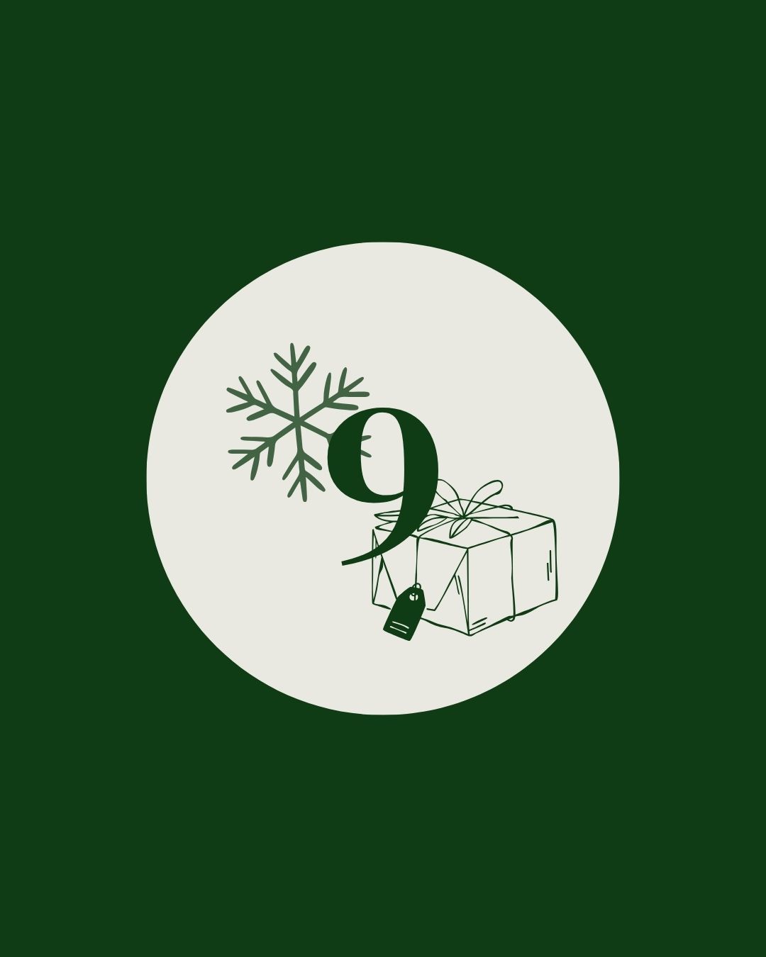 Tür 9 Grüner Kreis mit einer Zahl, einem Geschenk und einer Schneeflocke