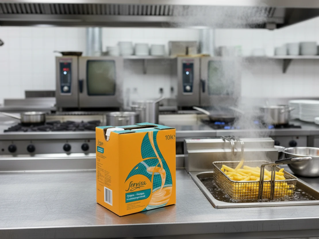 Servisa Frittierfett Eine Box mit Lebensmitteln auf einer Küchenarbeitsplatte.