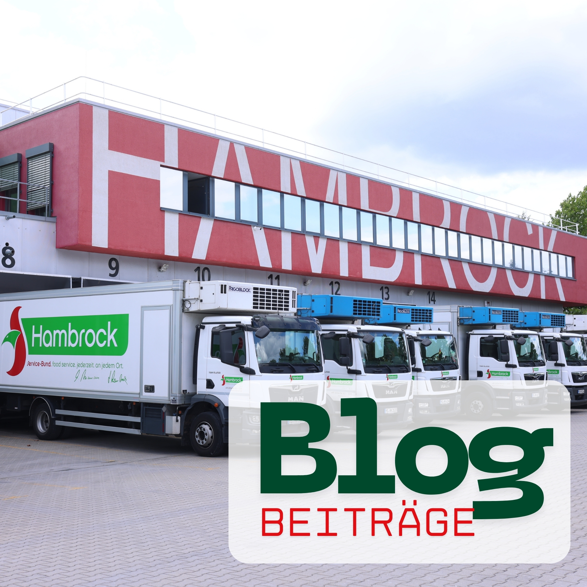 Eine Gruppe von Lastwagen, die vor einem Gebäude geparkt sind.