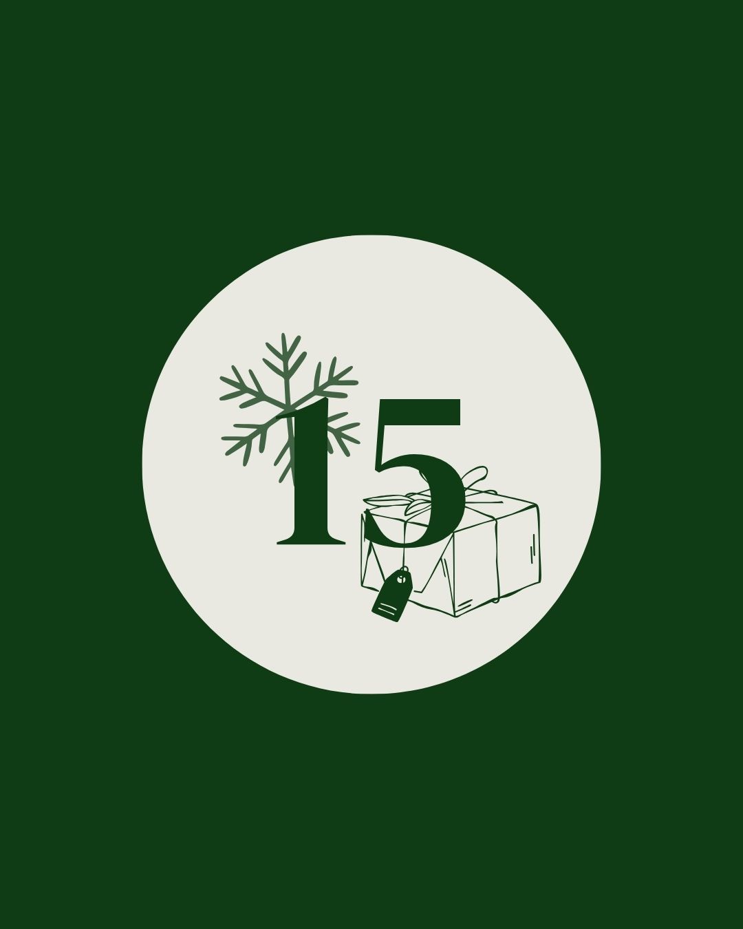 Tür 15 Grüner und weißer Kreis mit einer Zahl und einem Geschenkbox-Symbol