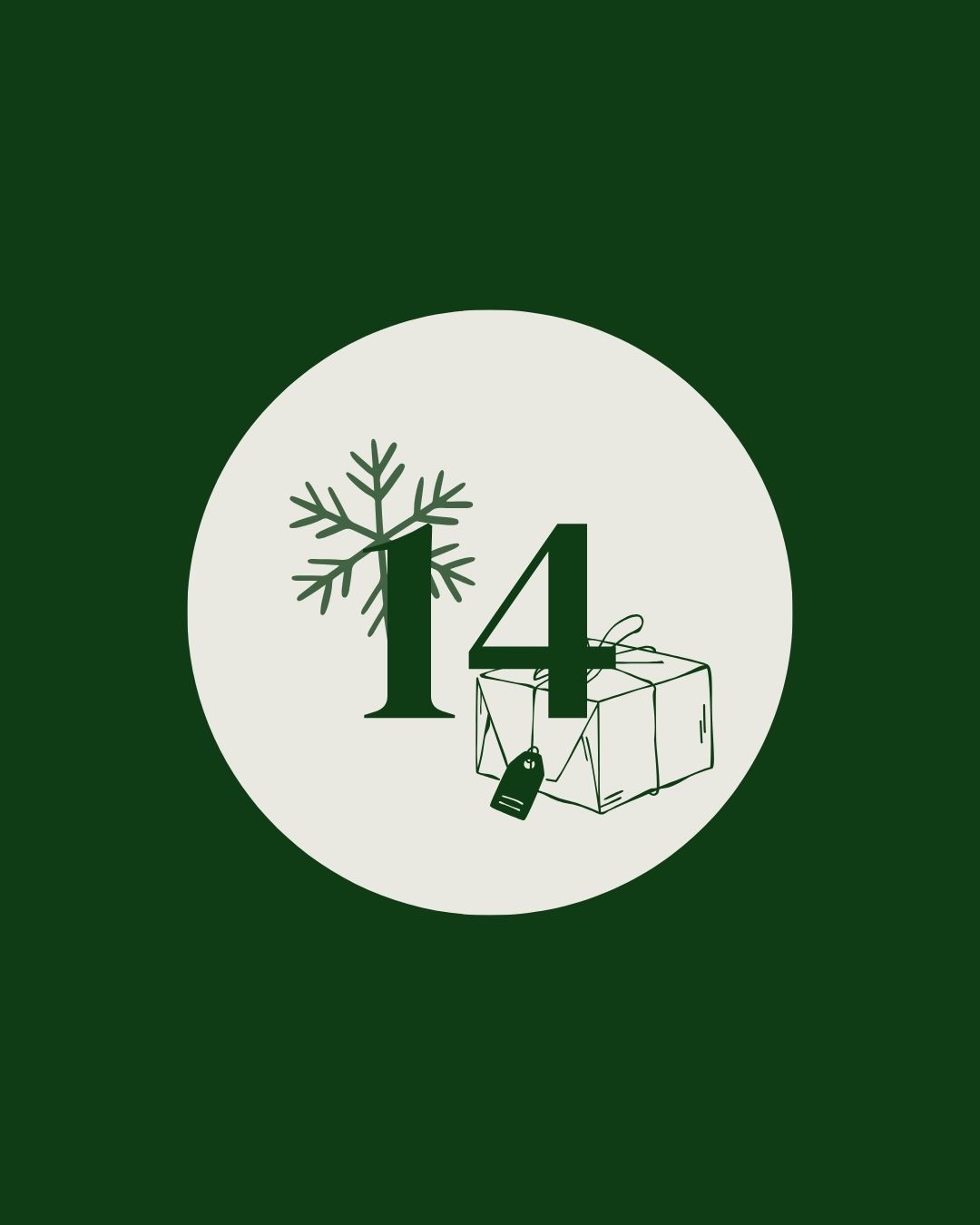 Tür 14 Grüner und weißer Kreis mit einer Zahl und einem Geschenkbox-Symbol