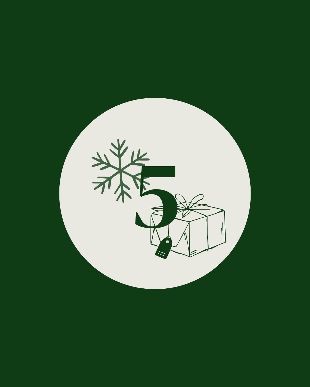 Türchen 5 Grüner Kreis mit einer Zahl, einem Geschenk und einer Schneeflocke