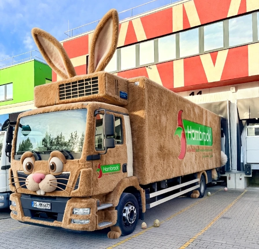 Ostern Belieferung 2026 LKW mit einem Hasengesicht