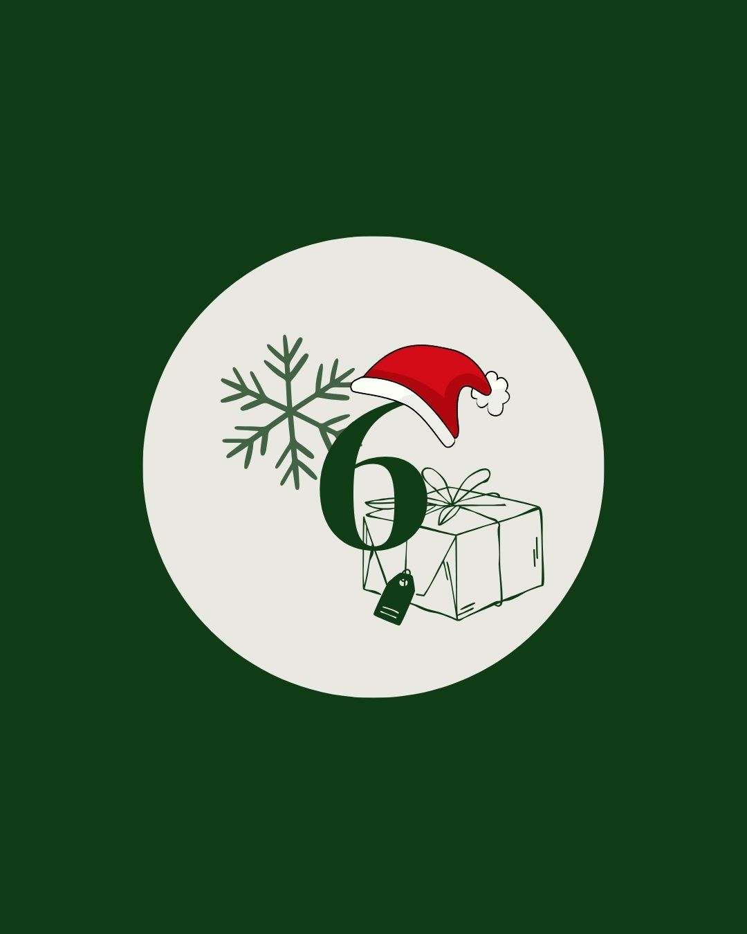 Türchen 6 Grüner Kreis mit einer Zahl, einem Geschenk und einem Hut